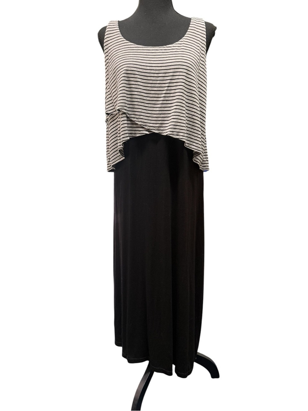 Chelsea & Theodore Black Layered Maxi Dress with Striped Overlay Size large